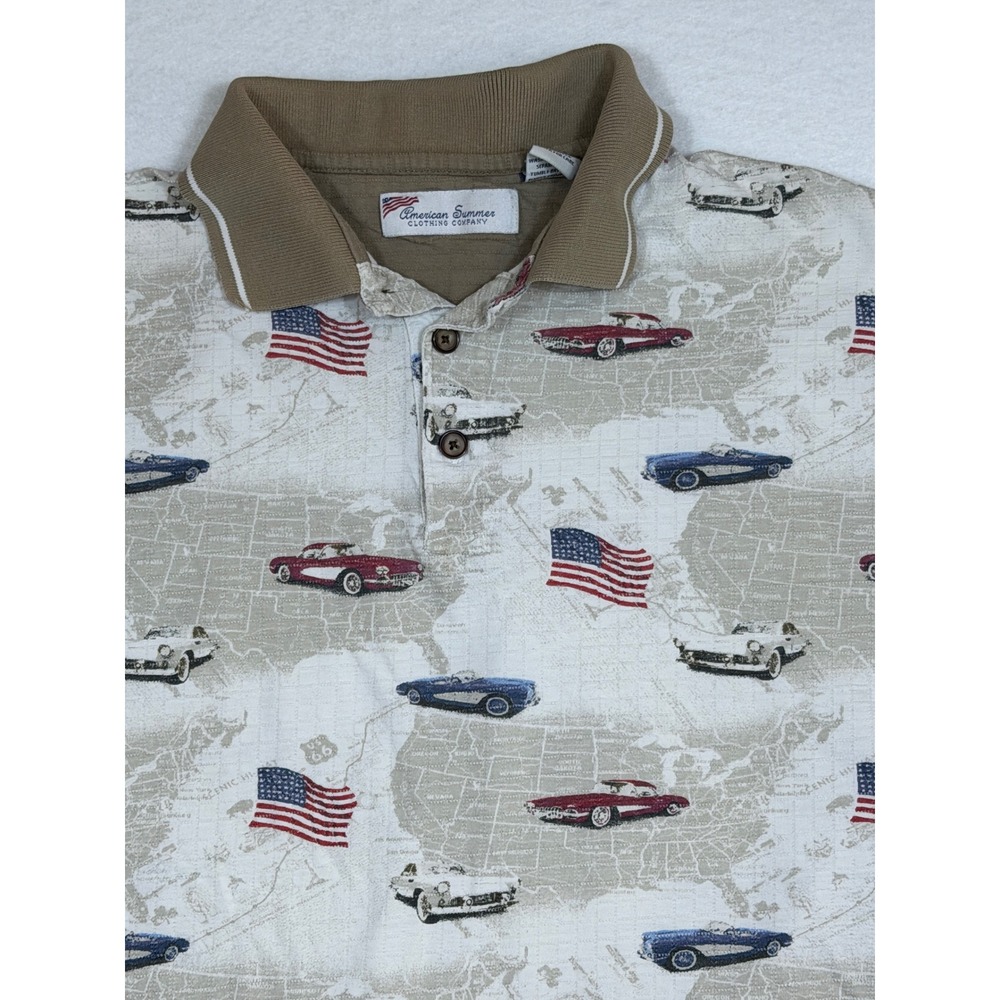 American Summer Clothing Company Mens M Polo Shirt Classic Cars USA Flags‎ Map